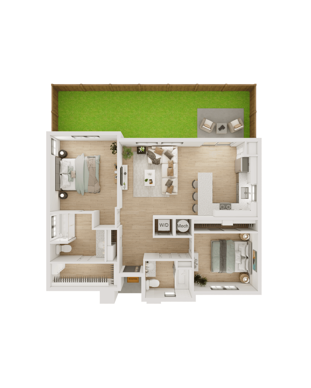 Floor plan for 2 beds, 2 baths, 971 sqft